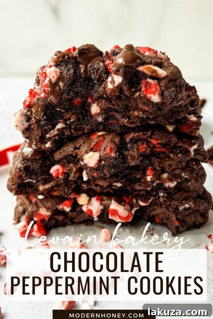Close-up of a holiday platter with Levain Bakery-style chocolate peppermint cookies