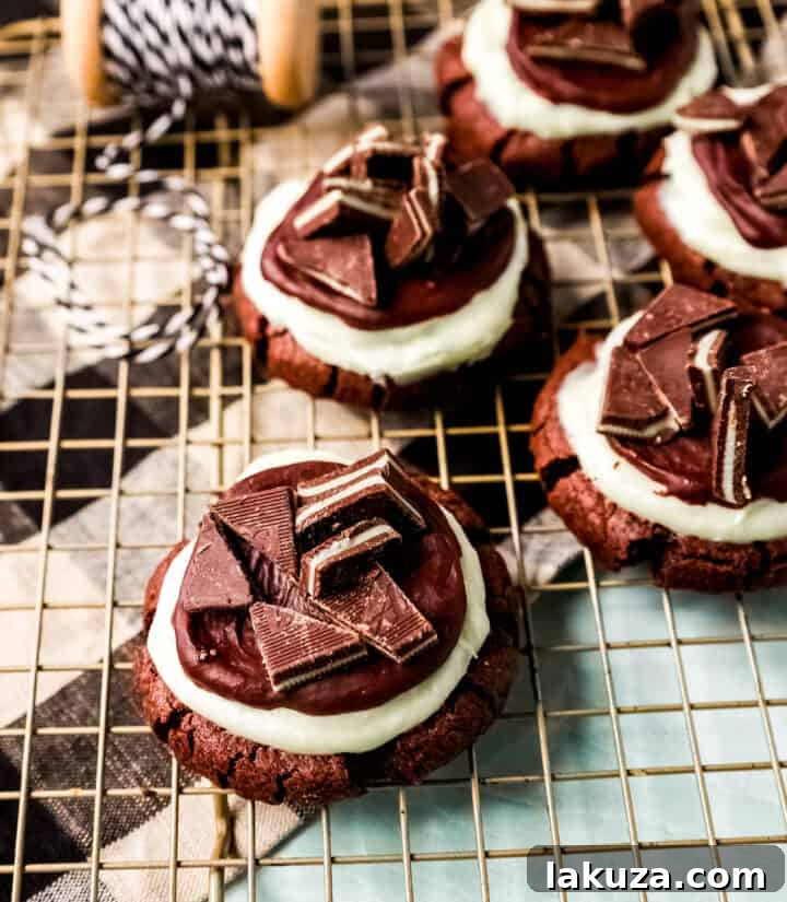 Indulge in Frosted Mint Chocolate Brownie Cookies, featuring a rich double chocolate base, creamy mint frosting, and smooth chocolate ganache, adorned with Andes mints. A festive and decadent mint chocolate cookie recipe.