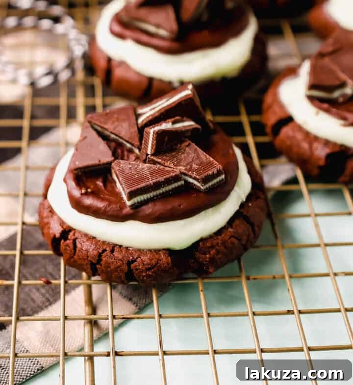 An irresistible stack of Frosted Mint Chocolate Brownie Cookies, each with a chewy double chocolate base, mint frosting, chocolate ganache, and Andes mints. The ultimate holiday mint chocolate cookie recipe.