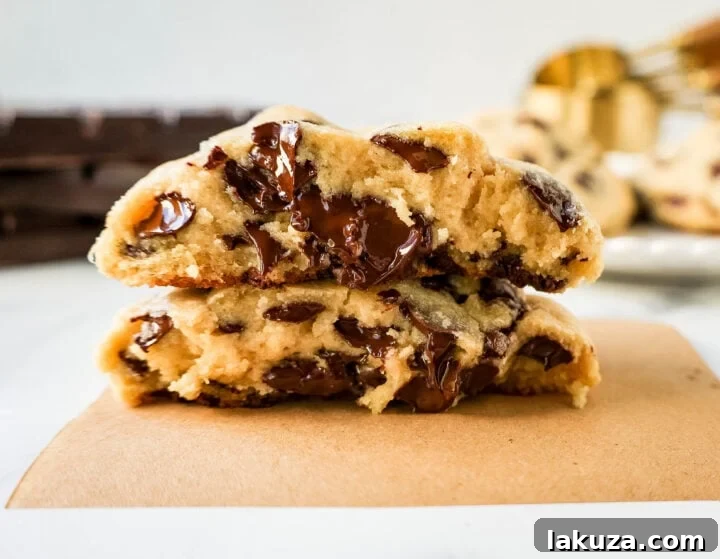 Close-up of a Levain Bakery Two Chip Chocolate Chip Cookie, showing its crispy edges and thick, molten chocolate center. This is the nut-free copycat recipe.
