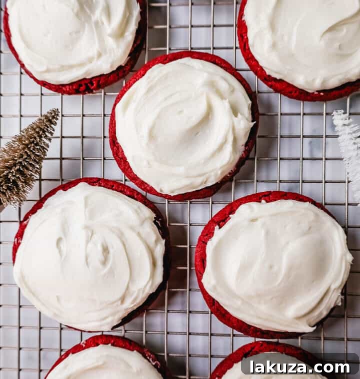 Soft, chewy homemade Red Velvet Cookies topped with a sweet cream cheese frosting, a festive and delicious Christmas cookie recipe.