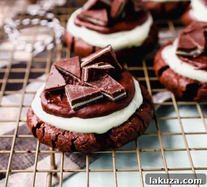 Frosted Mint Chocolate Brownie Cookies, a holiday favorite with chewy double chocolate cookies, creamy mint frosting, chocolate ganache, and Andes mints.