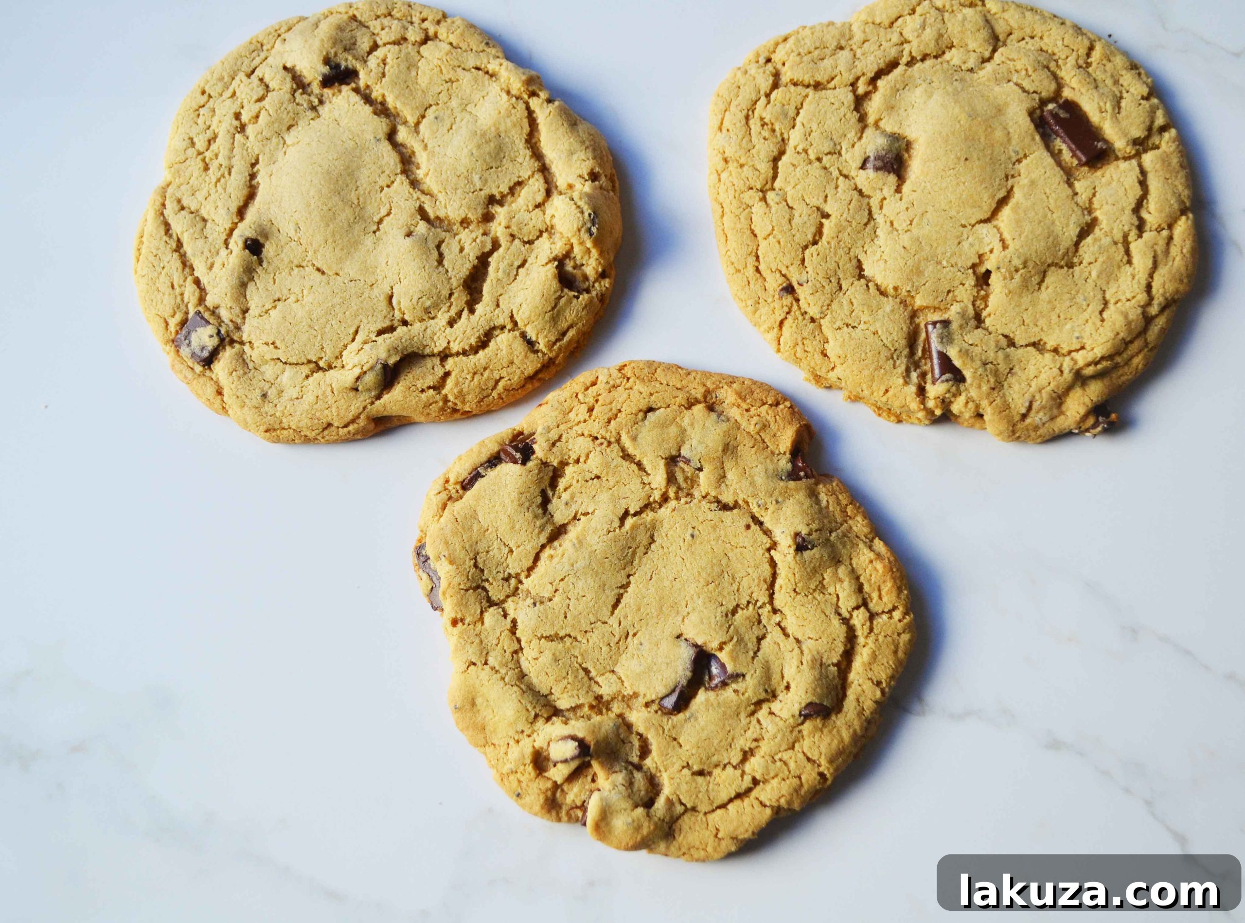DIY Lenny and Larrys Protein Cookies 5 Two freshly baked Lenny and Larry's Protein Cookie Copycats, made with vanilla whey protein powder, showcasing a slightly flatter profile and beautiful crackling. From Modern Honey.