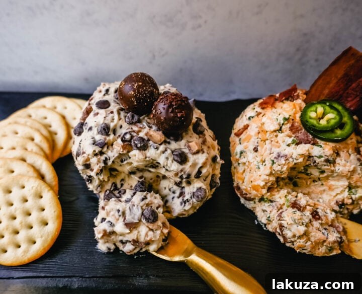 A decadent Chocolate Chip Cream Cheese Ball, garnished with extra chocolate chips, resting on a serving plate beside sweet dippers.
