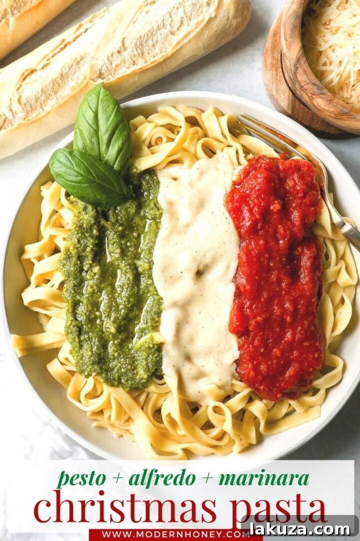 Final plated Christmas Pasta, ready to be enjoyed with the delicious blend of three sauces.