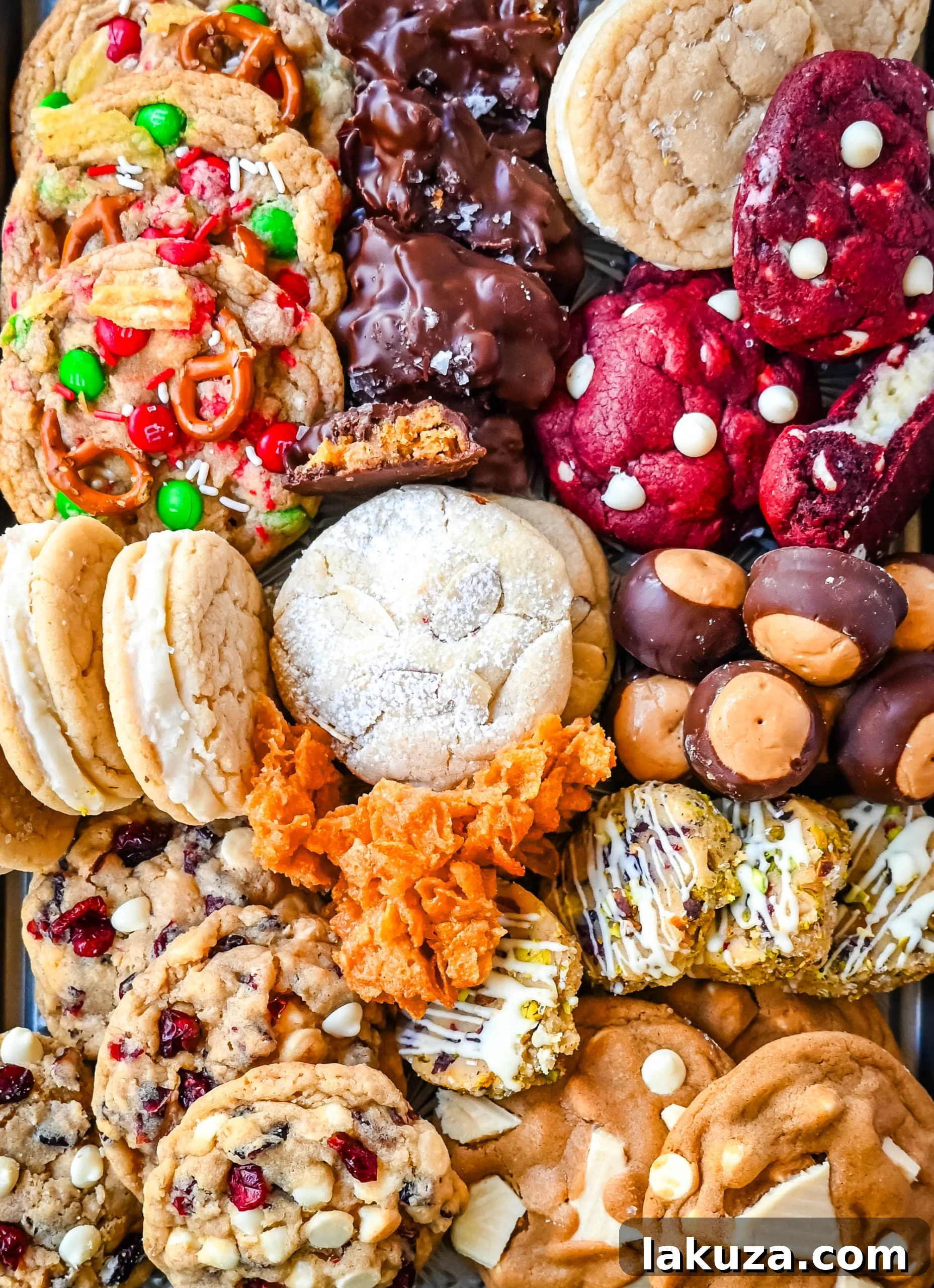 80 Irresistible Christmas Cookie Recipes 106 An assortment of homemade Christmas cookies artfully arranged for gifting. Variety of shapes, colors, and textures for a perfect Christmas cookie box.