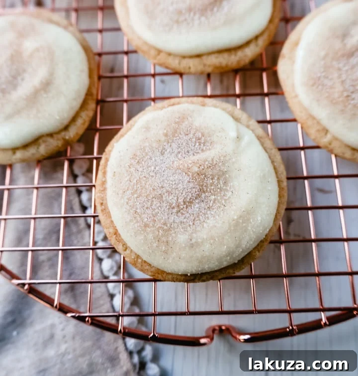 80 Irresistible Christmas Cookie Recipes 28 Frosted Snickerdoodle Cookies: soft, chewy cinnamon sugar snickerdoodles topped with sweet buttery cream cheese frosting and a sprinkle of cinnamon sugar.