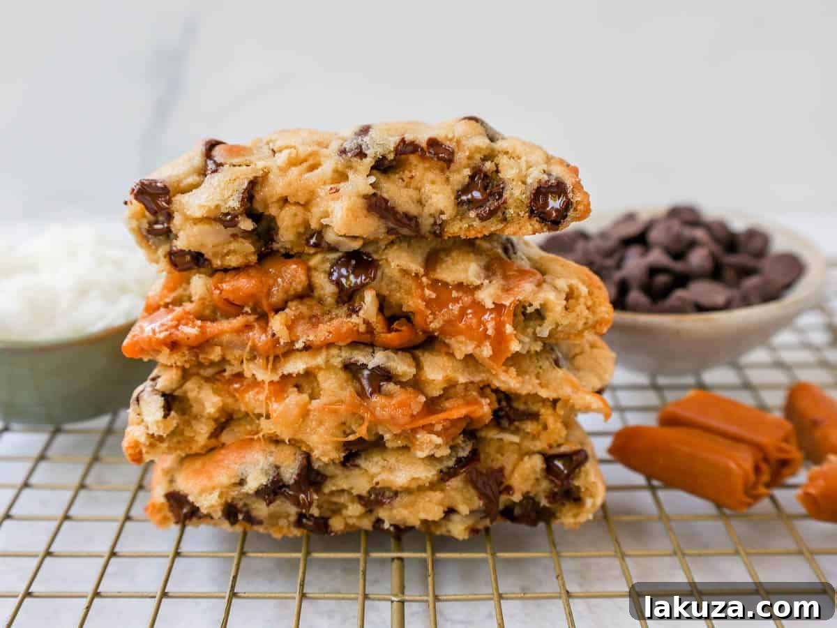 80 Irresistible Christmas Cookie Recipes 68 Levain Bakery Caramel Coconut Cookies: soft, chewy, thick, with rich caramel, sweet coconut flakes, and semi-sweet chocolate chips. The perfect seasonal cookie!