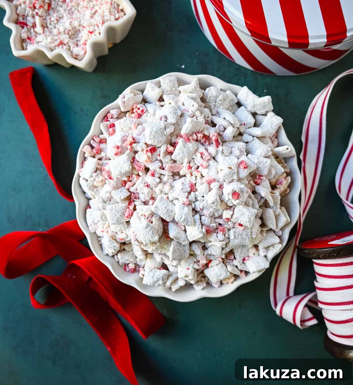 80 Irresistible Christmas Cookie Recipes 87 Peppermint Puppy Chow (Muddy Buddies) – an easy, 4-ingredient festive holiday treat with white chocolate, Rice Chex, peppermint bark/candy canes, and powdered sugar!