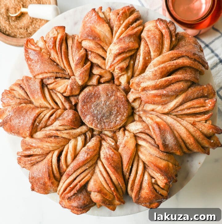 Close-up of Star Bread with beautiful twists and cinnamon sugar layers.