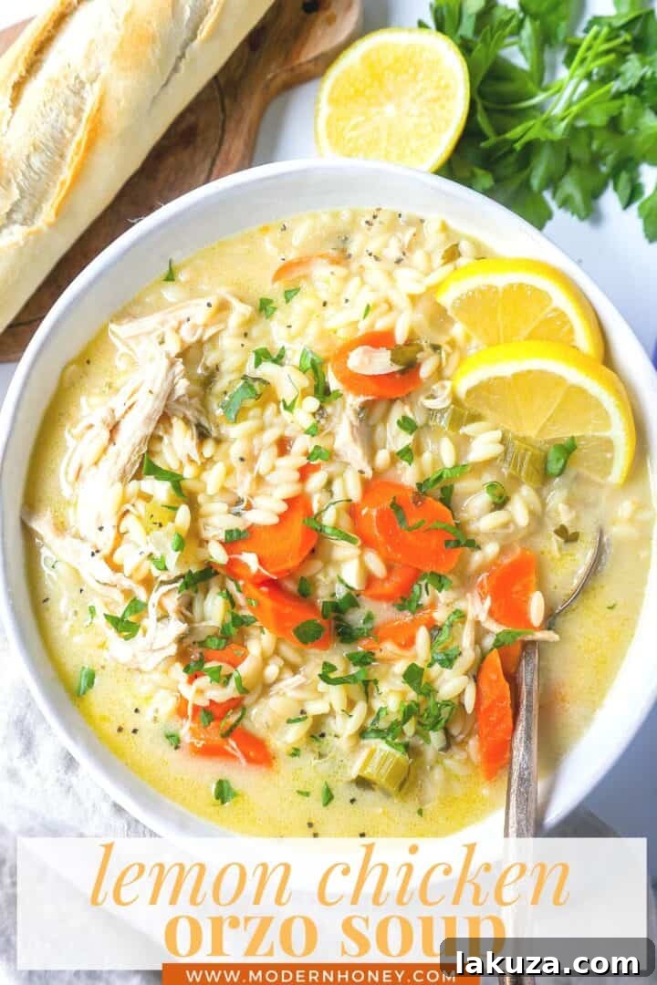 Four bowls of Lemon Chicken Orzo Soup arranged on a rustic wooden table, inviting diners to enjoy a hearty and flavorful meal.