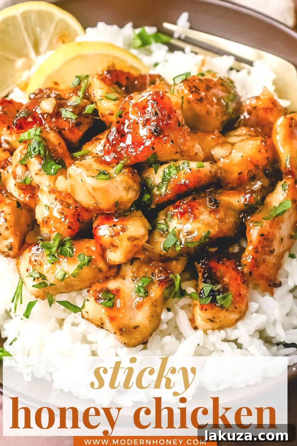 A vibrant platter of Honey Lemon Chicken garnished with fresh parsley, ready to be served.