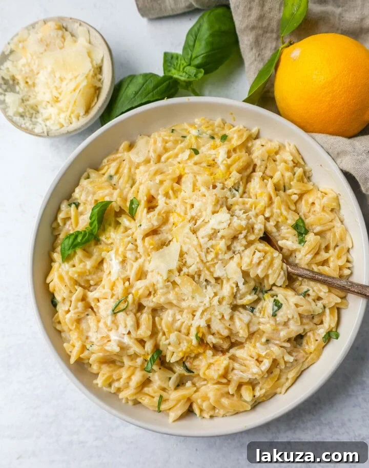 Velvety Lemon Orzo 4 A serving of creamy lemon orzo with fresh basil and parmesan cheese, ready to eat.