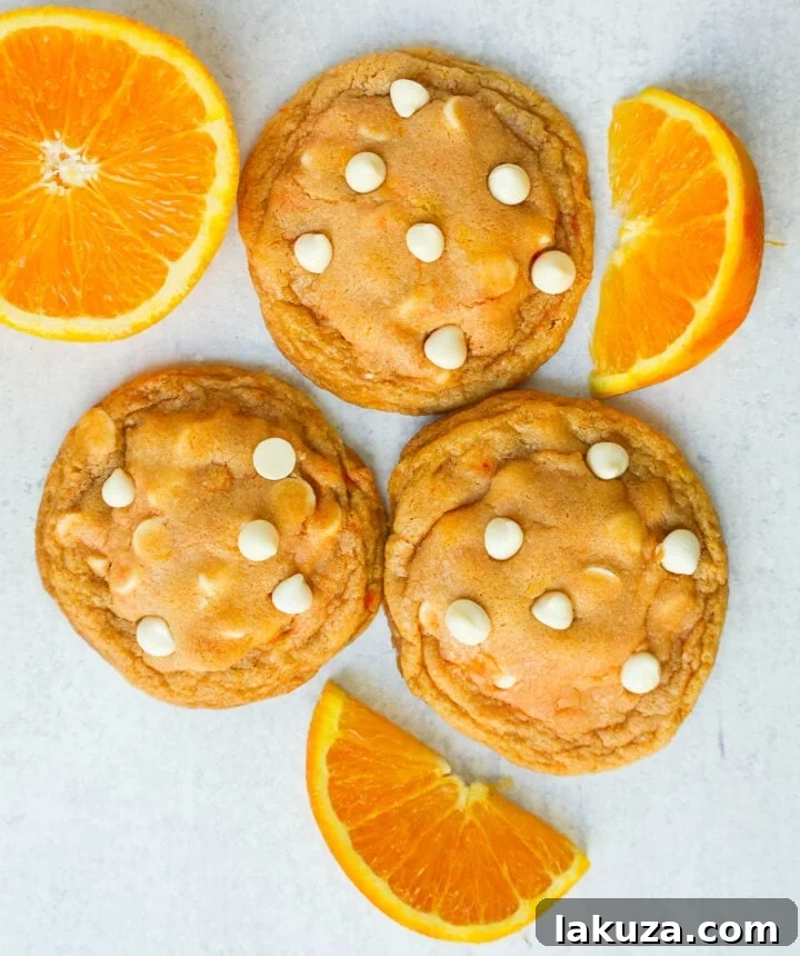 A close-up of a plate of Soft and Chewy Orange Creamsicle Cookies, showcasing their beautiful texture and white chocolate chips.