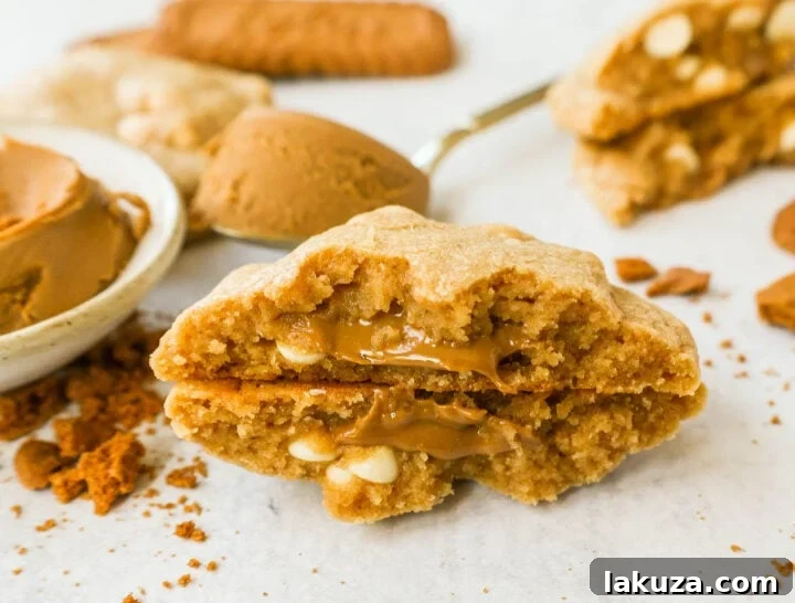 Golden Biscoff White Chocolate Chip Cookies 2 Soft and chewy Biscoff White Chocolate Chip Cookies, generously filled with caramelized Biscoff cookie butter spread and melted white chocolate.