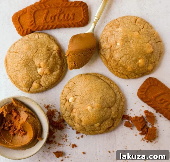 Golden Biscoff White Chocolate Chip Cookies 3 Delicious Biscoff Cookies featuring a creamy Biscoff cookie butter center and sweet white chocolate chips for an irresistible treat.
