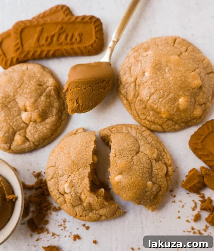 Golden Biscoff White Chocolate Chip Cookies 5 A tray of perfectly baked Biscoff White Chocolate Chip Cookies, showcasing their golden-brown edges and soft, inviting centers.