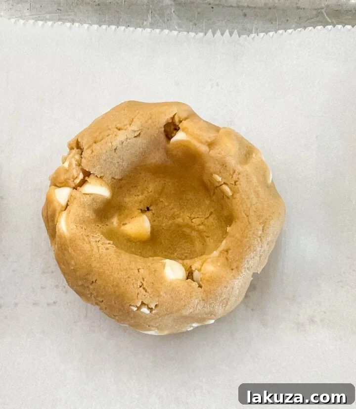 Golden Biscoff White Chocolate Chip Cookies 6 Biscoff Cookie Butter Cookie dough rolled into a ball with an indention ready for stuffing.