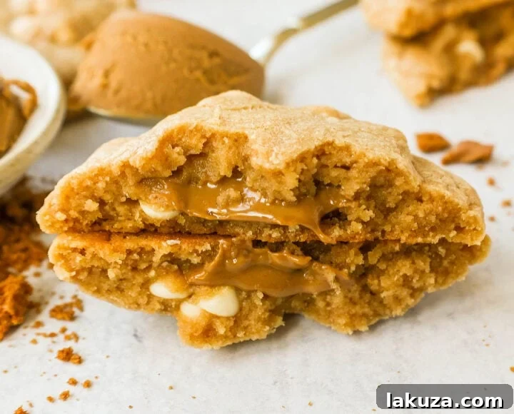 Golden Biscoff White Chocolate Chip Cookies 8 A batch of warm, soft, and chewy Biscoff White Chocolate Chip Cookies, featuring gooey Biscoff cookie butter centers.