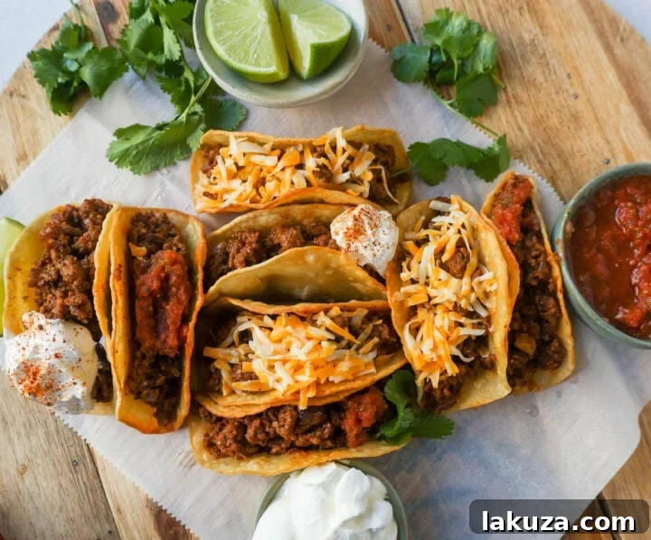 Savory Ground Beef Tacos 6 A collection of ground beef tacos on a wooden serving board, ready to be enjoyed.