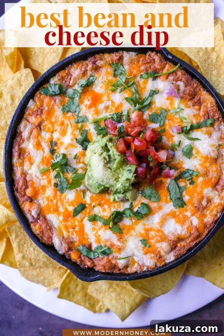 A vibrant, warm shot of the finished hot bean and cheese dip, garnished with fresh cilantro, ready to be served from a baking dish.