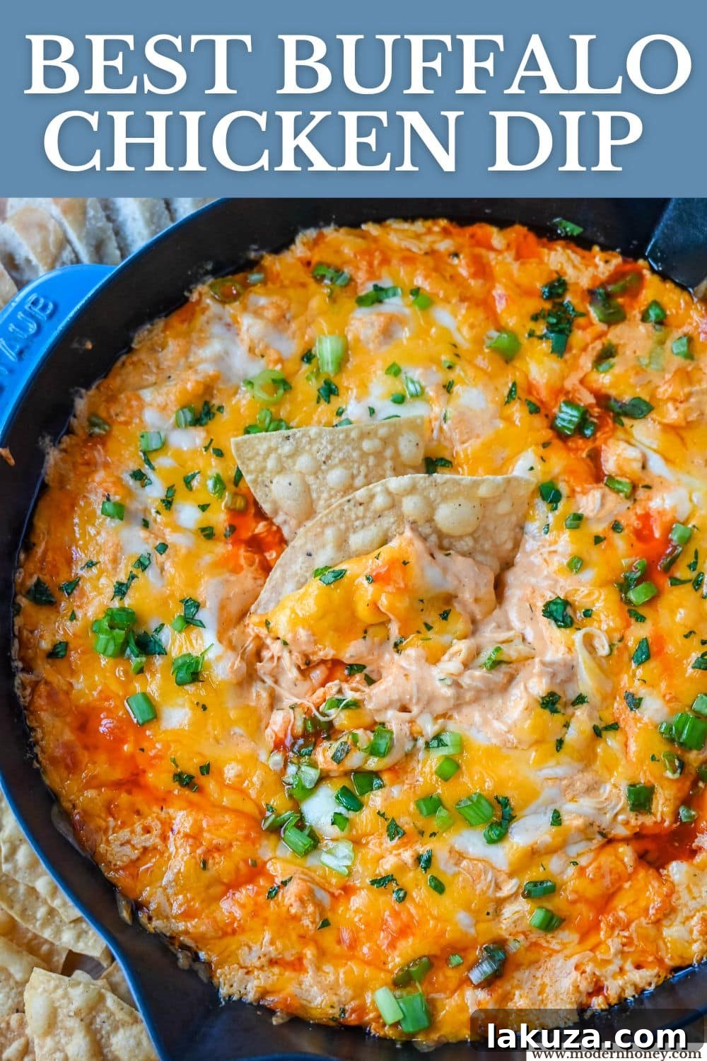 This Hot Creamy Buffalo Chip Dip is made with tender shredded chicken, cream cheese, buffalo sauce, ranch dressing, and topped with cheese, and baked until warm and bubbly. This is a perfect Super Bowl appetizer and this Chicken Hot Wing Dip is always a hit!