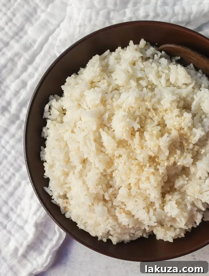 A beautifully presented bowl of fluffy Coconut Rice, garnished with fresh herbs, showcasing its creamy texture and inviting aroma.