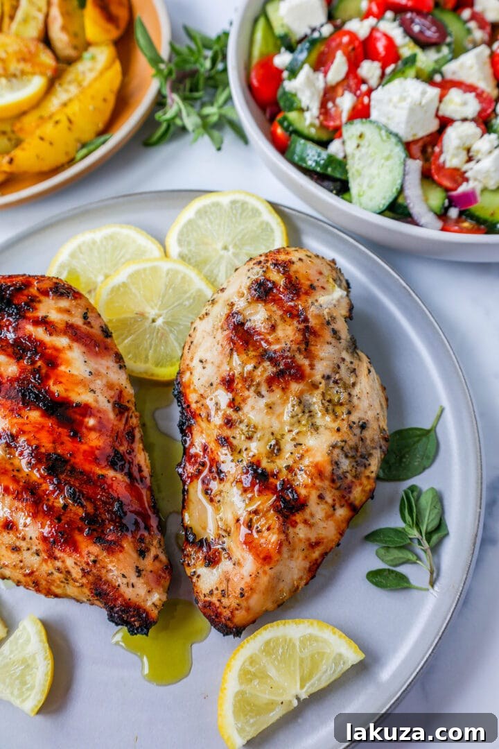 Beautifully grilled Greek chicken slices on a cutting board, garnished with fresh herbs, showcasing its juicy interior.