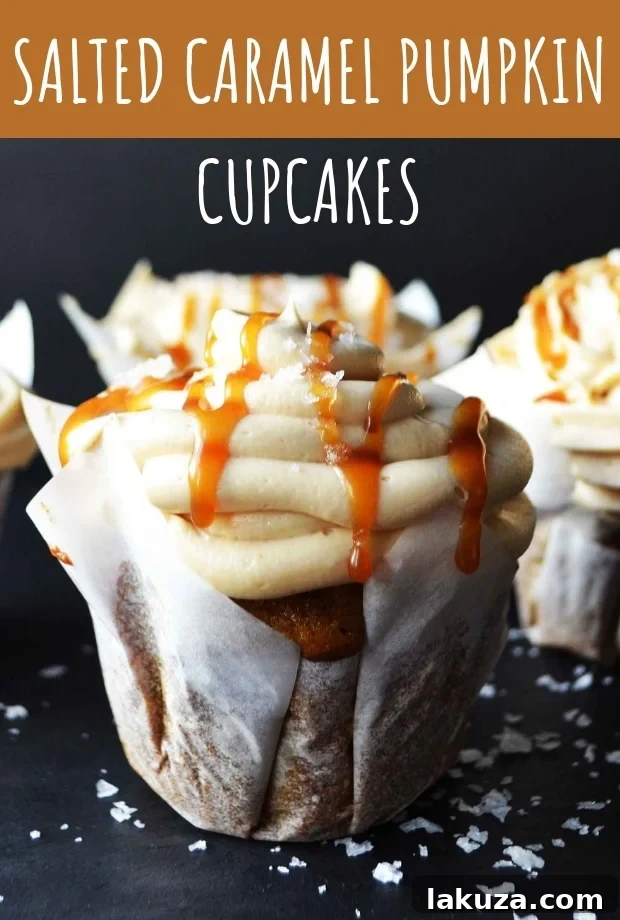 Pinterest Pin: The Best Homemade Salted Caramel Pumpkin Cupcakes, a must-try Fall dessert recipe.