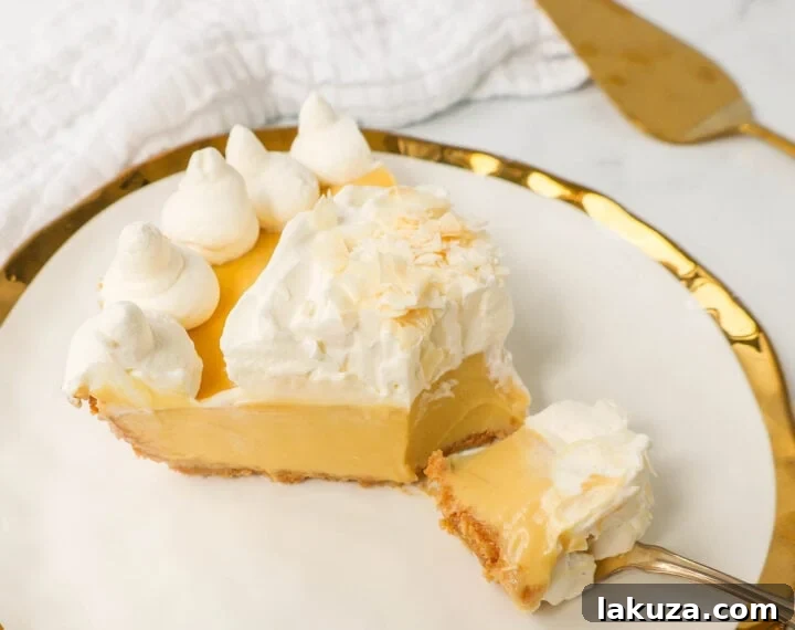 A slice of creamy passion fruit pie topped with billowy whipped cream and fresh garnishes.