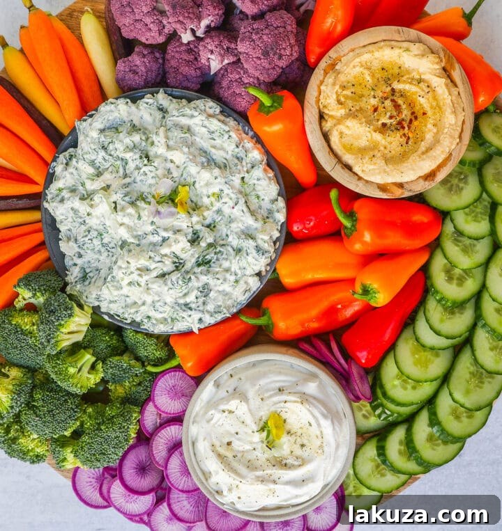How to make a beautiful Crudite Platter with vegetables and dips. I am sharing my favorite veggie dip recipes, what vegetables to put on a veggie tray, and how to arrange one. It is so easy to make a stunning vegetable platter!