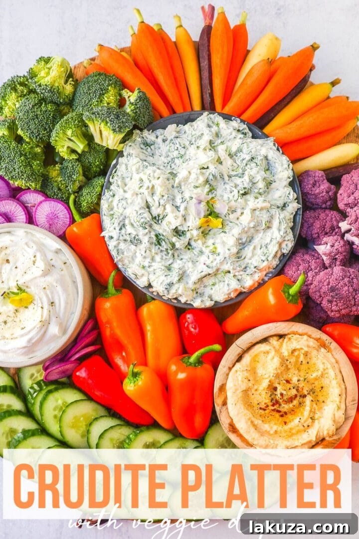 How to make a beautiful Crudite Platter with vegetables and dips. I am sharing my favorite veggie dip recipes, what vegetables to put on a veggie tray, and how to arrange one. It is so easy to make a stunning vegetable platter!