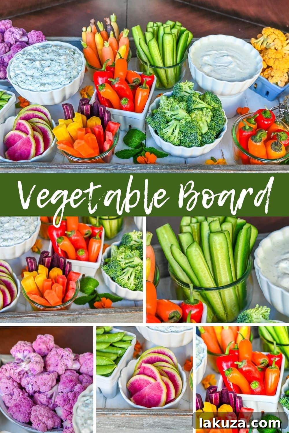 How to create a beautiful crudite platter also known as a vegetable board, vegetable tray with dips, or veggie platter with dips. Includes what types of vegetables to choose, how to display the vegetables on a board or platter, and what dips pair well with vegetables.