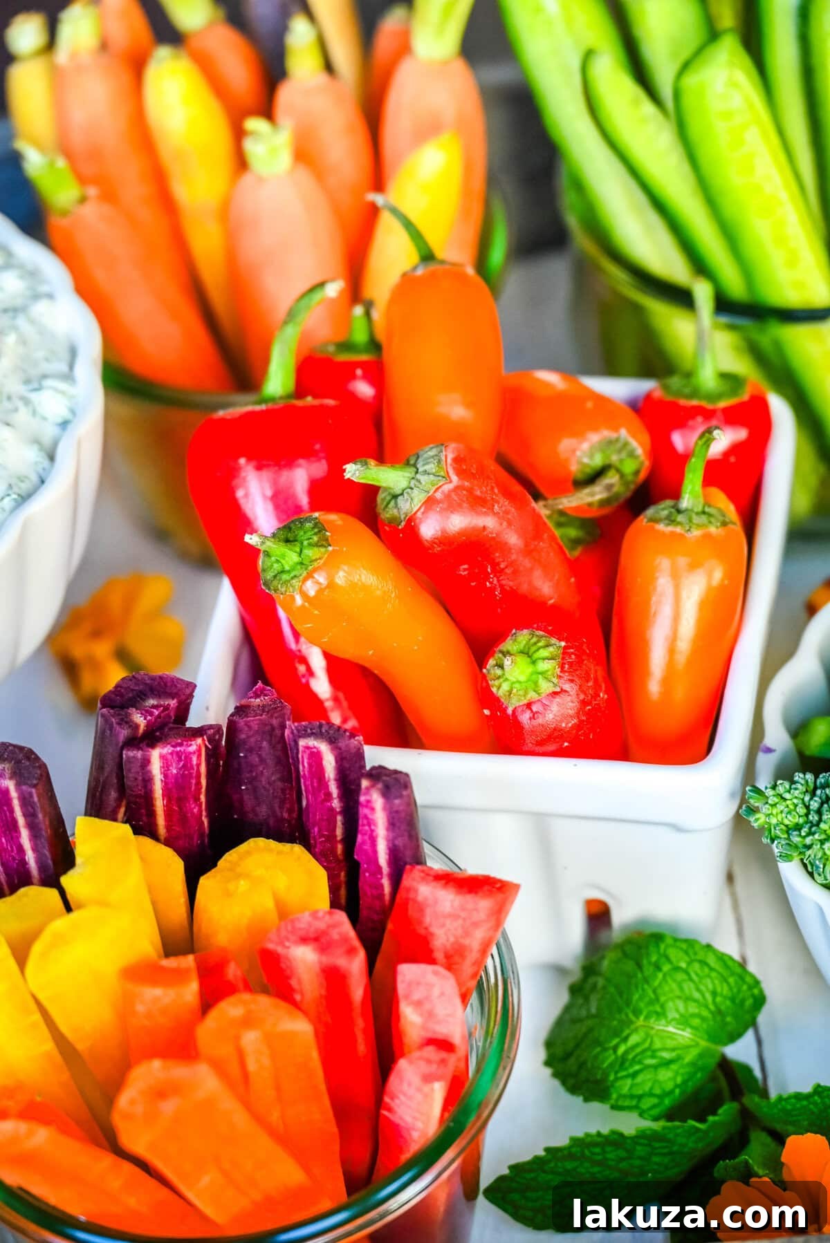 Mini sweet peppers, heirloom rainbow carrots, heirloom orange carrots, and cucumbers on a crudite platter or vegetable board.