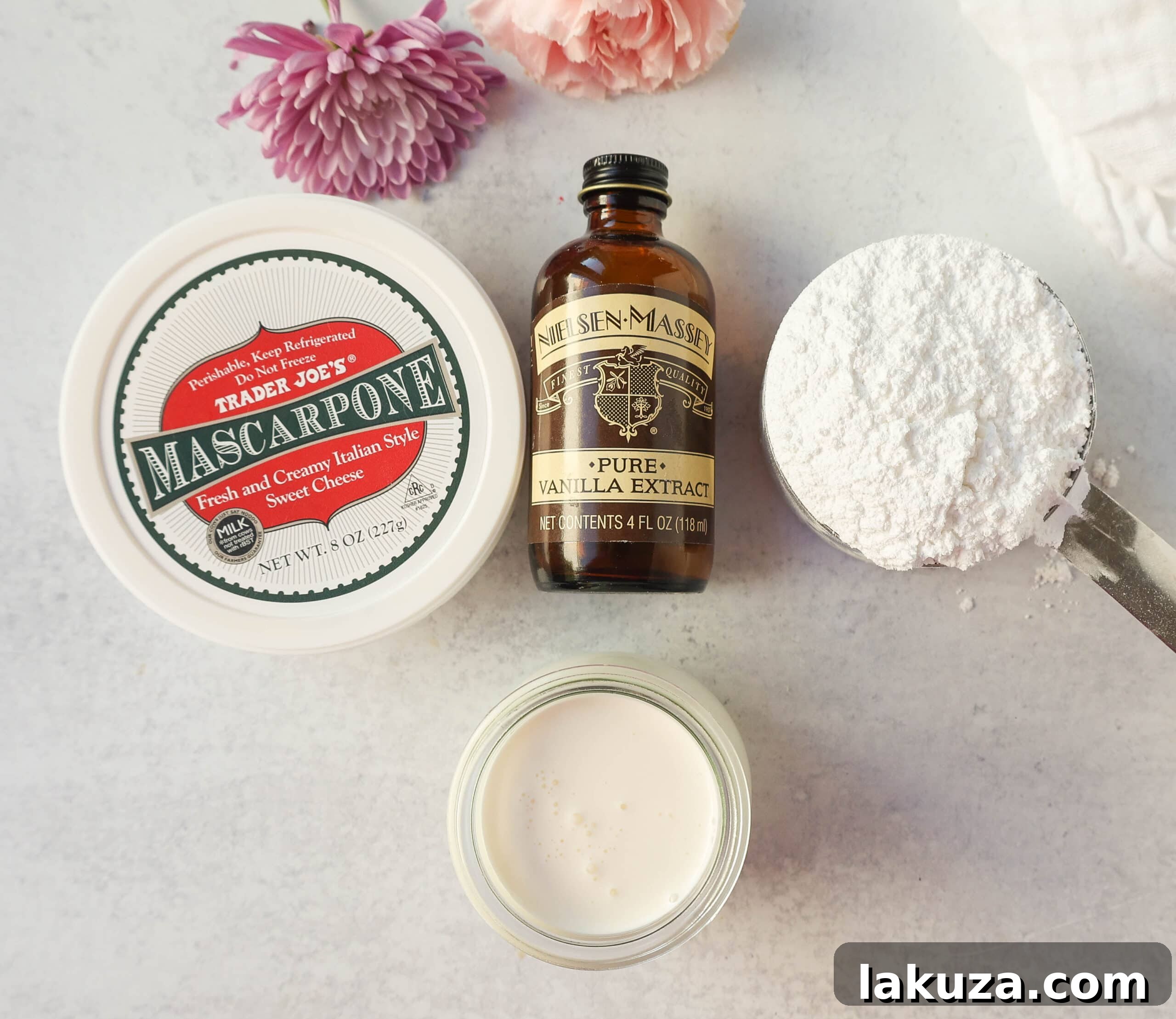 Mascarpone Cream Delight 3 Mascarpone Cream Ingredients. Heavy Cream, Mascarpone Cheese, Powdered Sugar, and Vanilla Extract. How to make mascarpone cream filling and frosting.
