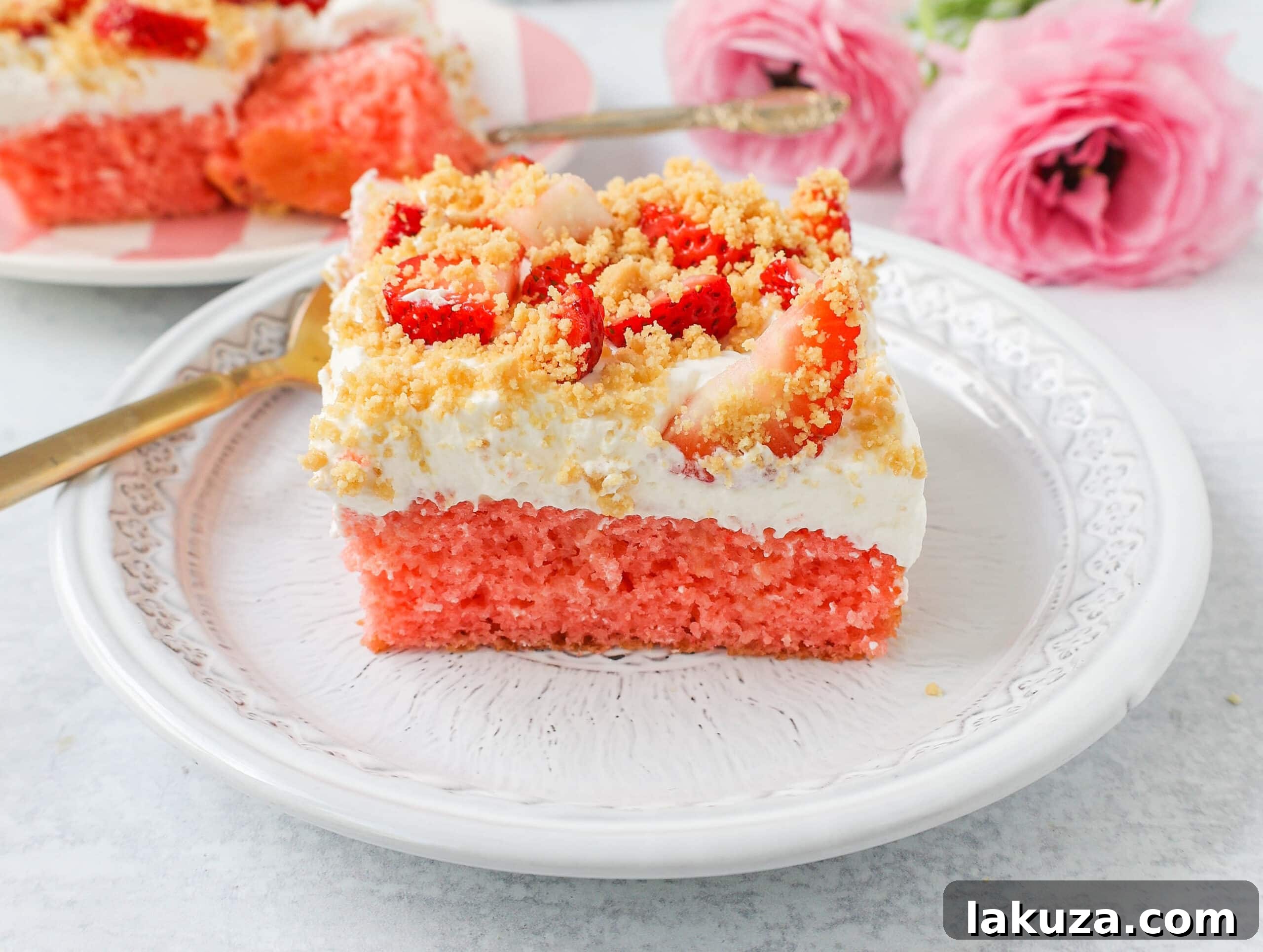 Strawberry Crunch Delight Cake 2 This Strawberry Cream Crunch Cake is a strawberry cake soaked with sweetened condensed milk after baking and topped with fresh sweet whipped cream, fresh strawberries, and crushed golden Oreos for crunch. This strawberry poke cake has it all!