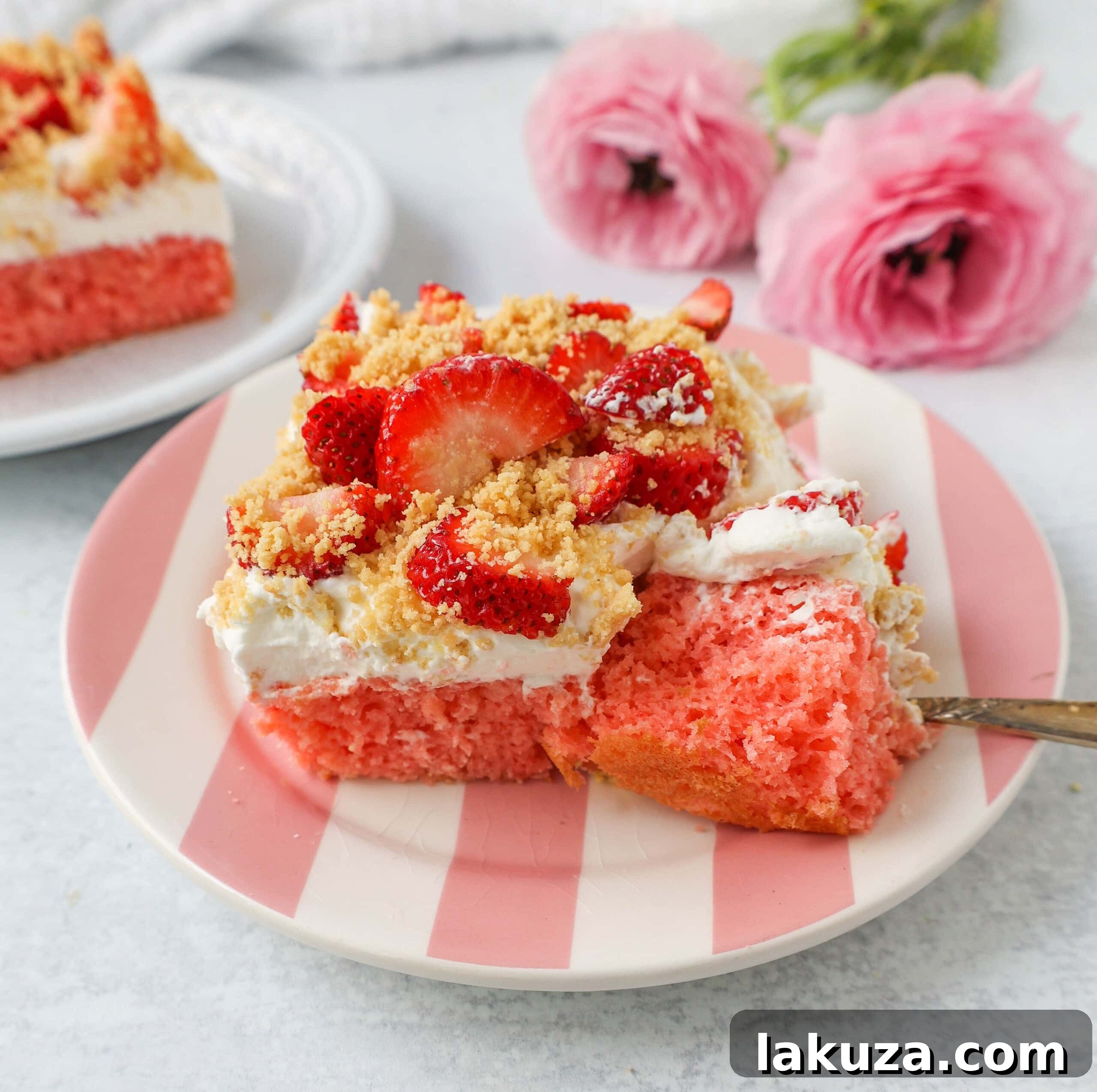 Strawberry Crunch Delight Cake 3 This Strawberry Cream Crunch Cake is a strawberry cake soaked with sweetened condensed milk after baking and topped with fresh sweet whipped cream, fresh strawberries, and crushed golden Oreos for crunch. This strawberry poke cake has it all!