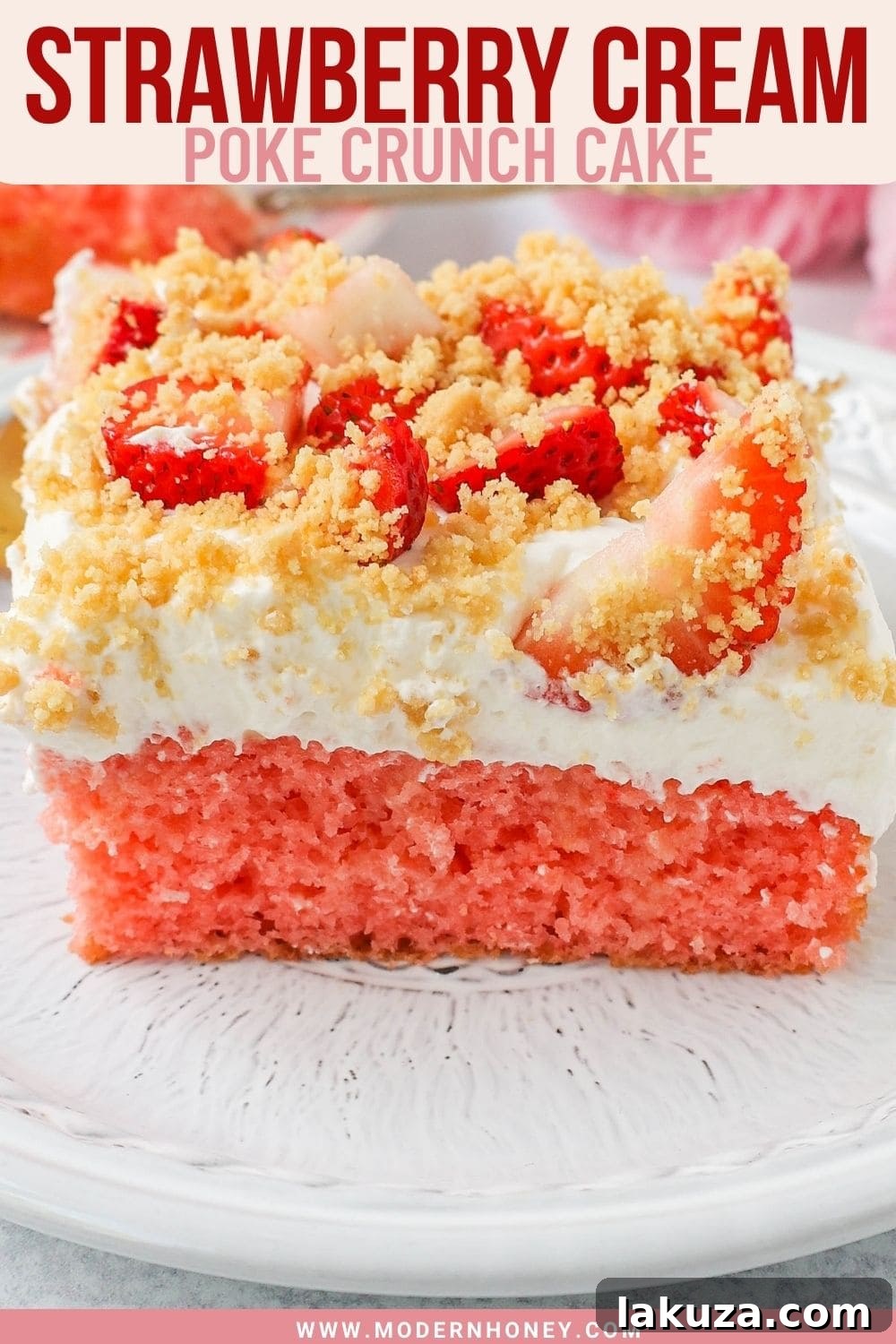 Strawberry Crunch Delight Cake 8 This Strawberry Cream Crunch Cake is a strawberry cake soaked with sweetened condensed milk after baking and topped with fresh sweet whipped cream, fresh strawberries, and crushed golden Oreos for crunch. This strawberry poke cake has it all!