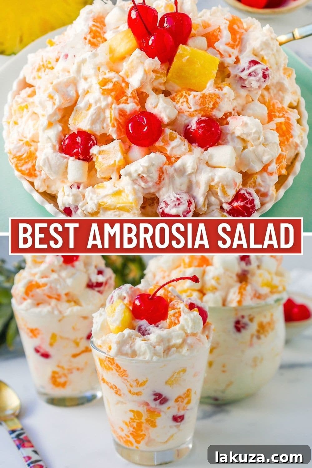 Sweet Ambrosia Cloud 10 A vertical shot of Ambrosia Salad in a decorative bowl, topped with a cherry and coconut flakes. Perfect for a blog post or recipe feature.