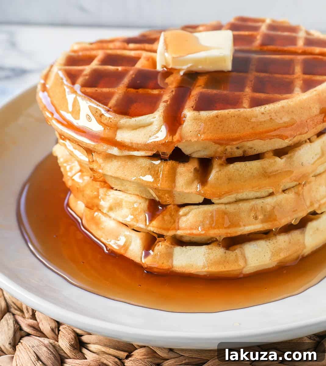Delicious buttermilk waffles, perfect for a cozy weekend breakfast or brunch.