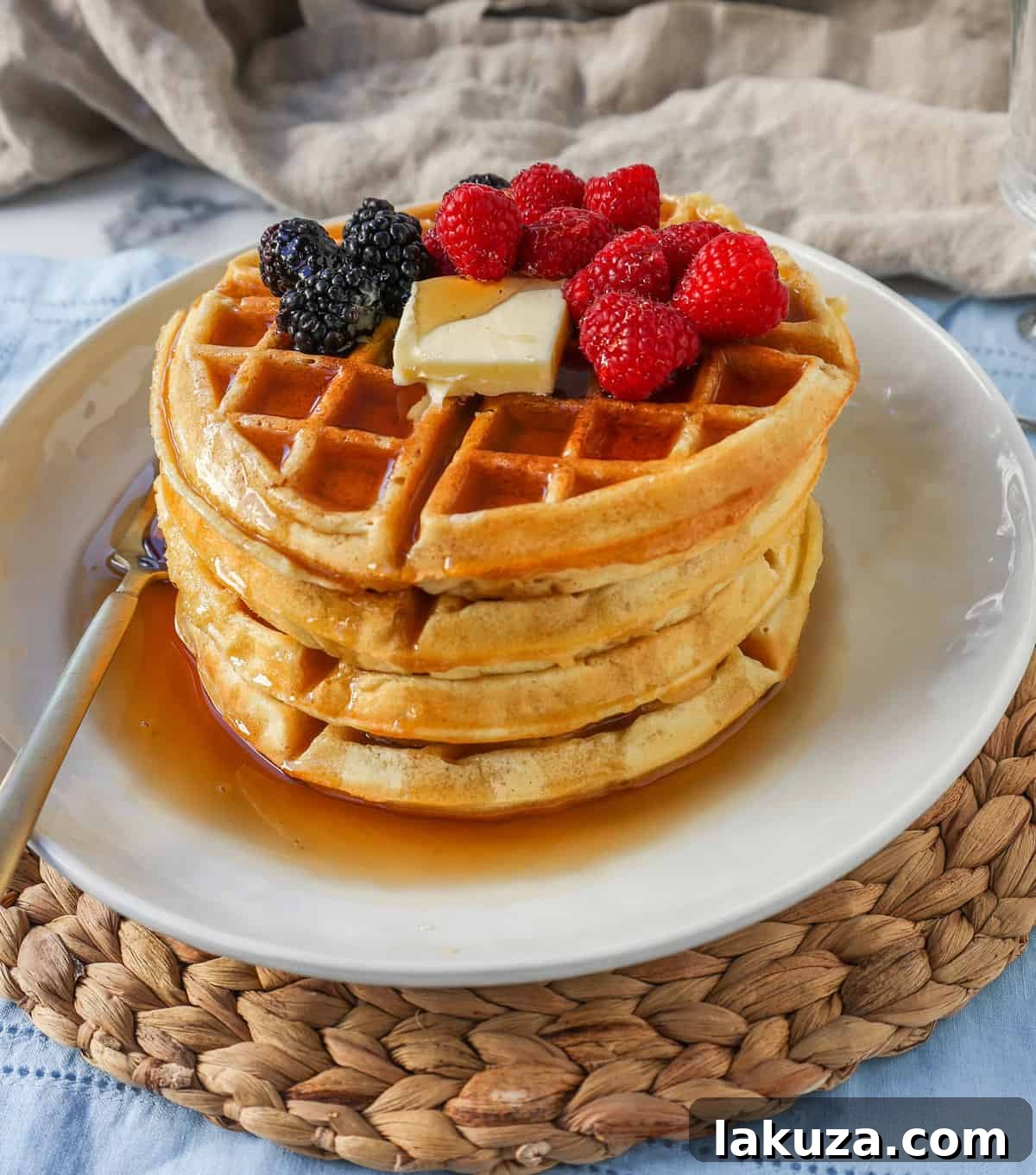 Close-up of fluffy buttermilk waffle batter, ready for the waffle iron.