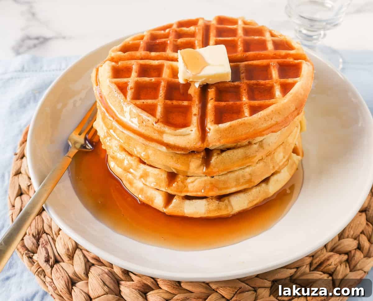 A freshly made, golden-brown buttermilk waffle in a waffle iron.