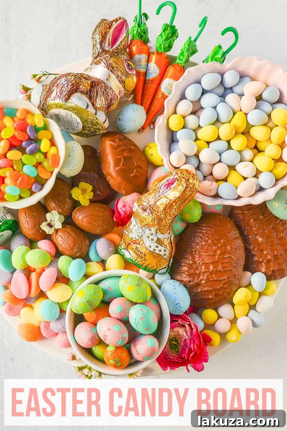 A grand Easter dessert display featuring an array of candies, chocolates, and treats, perfect for a festive gathering.