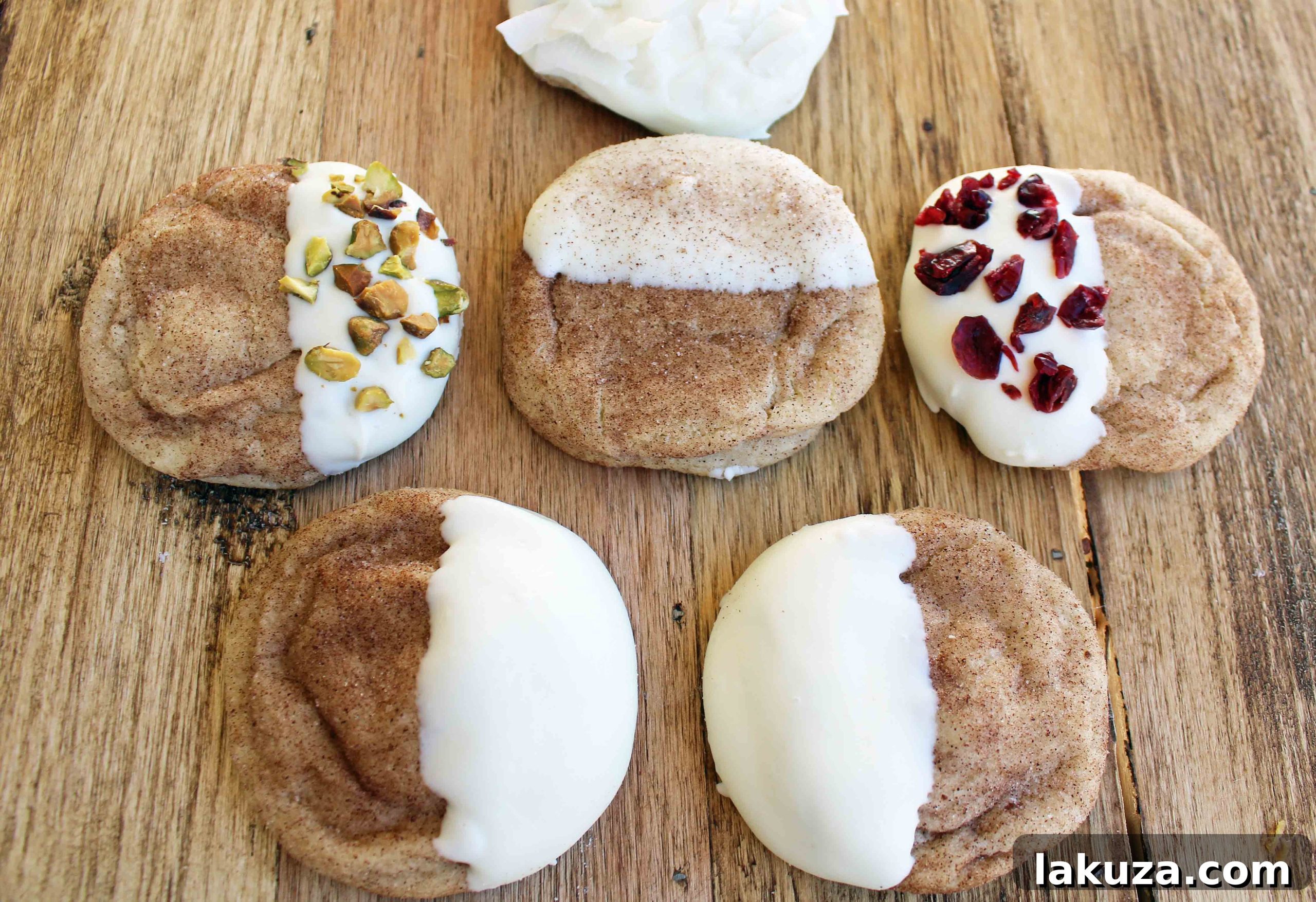 Decadent White Chocolate Dipped Snickerdoodles with Customizable Toppings