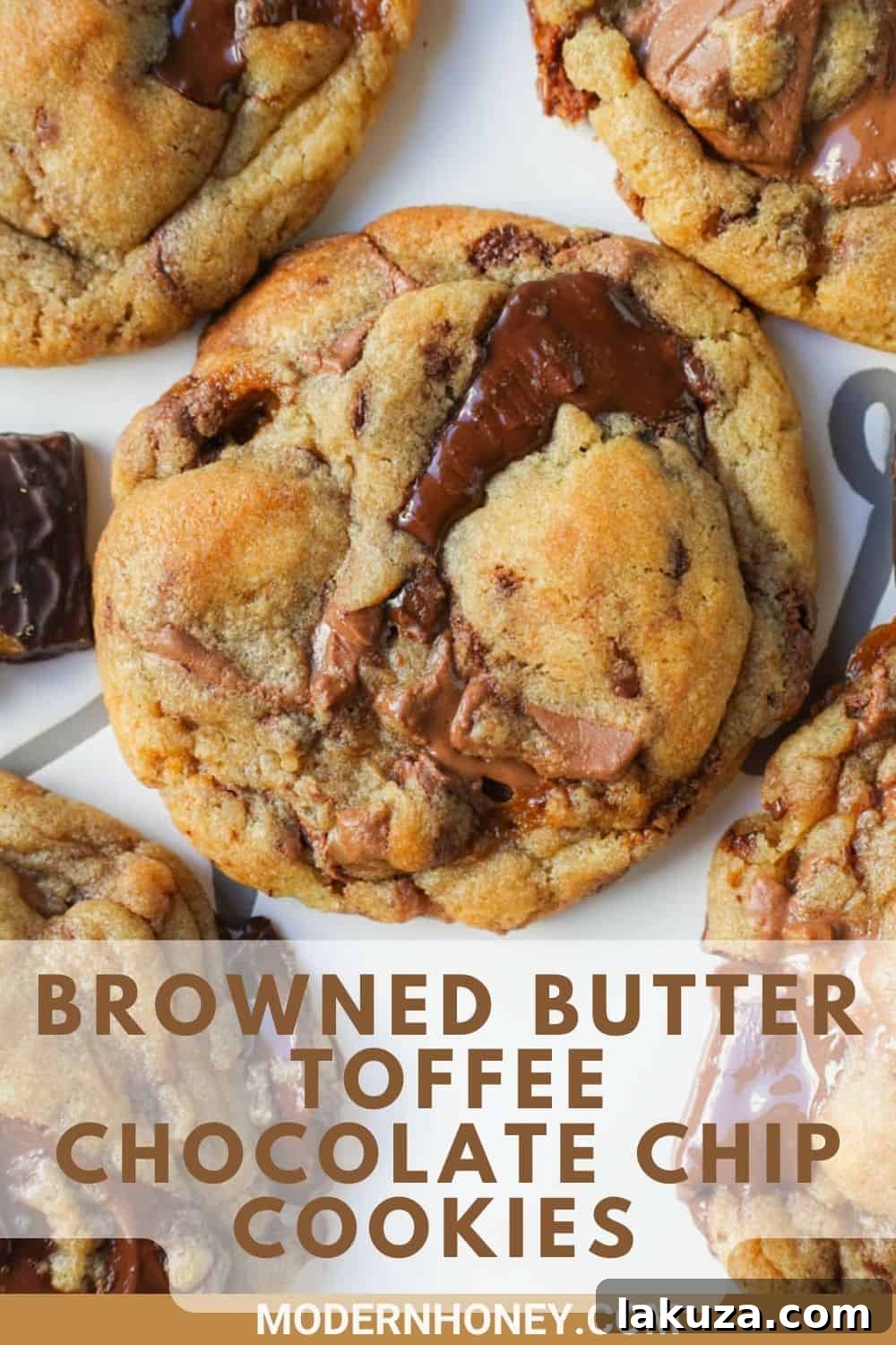 Caramelized Butter Toffee Chip Cookies 14 A beautifully presented plate of browned butter toffee chocolate chip cookies, stacked high and ready to be served.