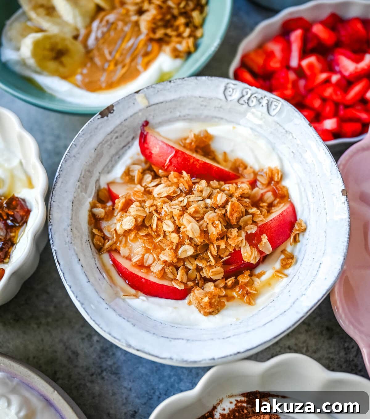 Peach Pie Greek Yogurt Bowl. Greek yogurt, fresh peaches, oat crumble.