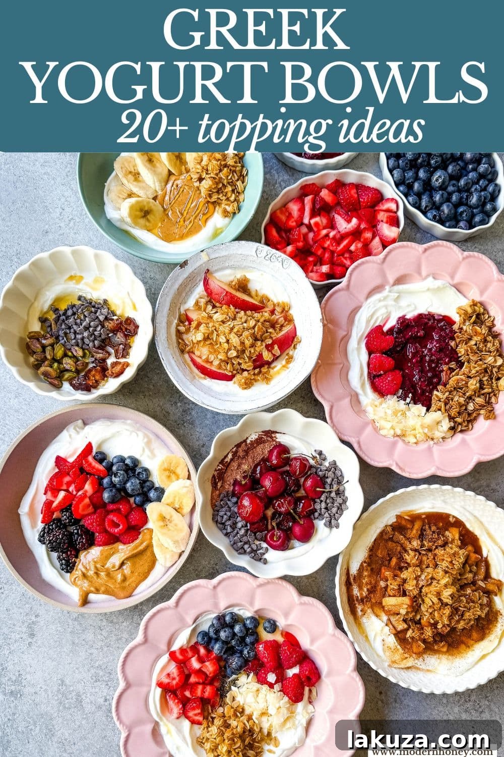 Greek Yogurt Breakfast Bowls start with rich creamy yogurt, topped with fresh fruits, nuts, granola, and superfoods for a perfect start to the day! How to make the best Greek yogurt bowls with toppings. You will find over 20+ Greek Yogurt Bowl combinations with different topping ideas for high protein yogurt bowls, what toppings pair well with greek yogurt, and recipes.