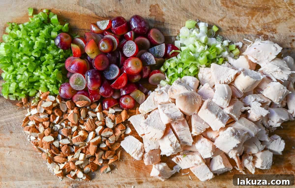 Ultimate Chicken Salad 3 Chicken Salad Ingredients Chicken, Celery, Green Onion, Grapes, Almonds, Mayonnaise.