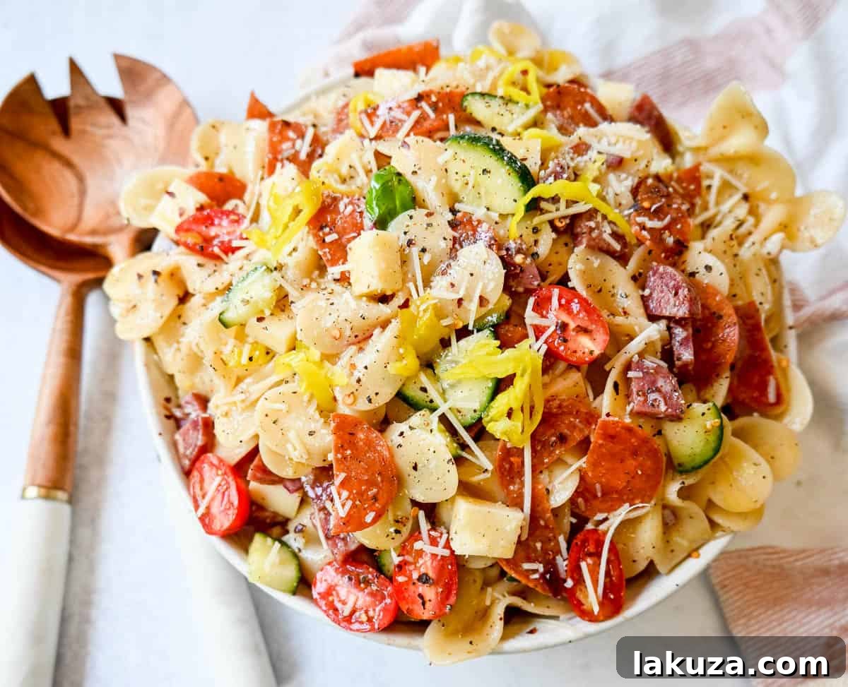 Zesty Italian Pasta Medley 5 A large, rustic mixing bowl brimming with the colorful, prepped components of the Italian Pasta Salad, including pasta, meats, cheeses, and vegetables, poised to be tossed with the creamy vinaigrette.