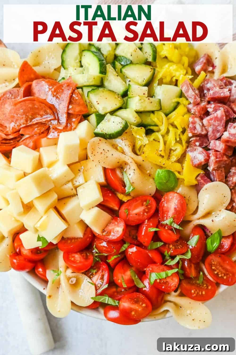 Zesty Italian Pasta Medley 6 The finished Italian Pasta Salad, beautifully presented in a large serving bowl, garnished with a generous sprinkle of freshly grated Parmesan cheese and vibrant fresh basil ribbons, signifying it's ready to be savored.